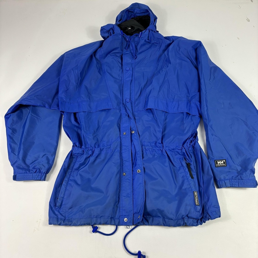 Helly Hansen Jacket Mens L Blue Rain Coat Hooded Packable Waterproof HH Logo